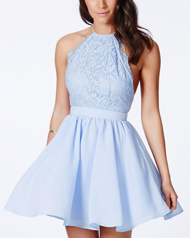 Baby Blue Cross Back Lace Detail Party Skater Dress