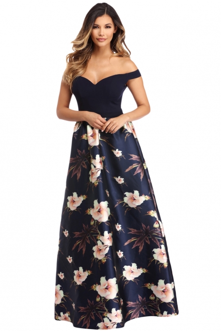 OFF SHOULDER SWEETHEART NECK BODICE NAVY FLORAL PRINT GOWN